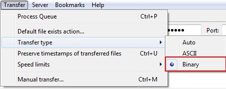 FileZilla binary mode