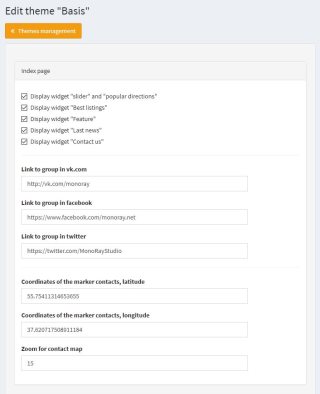 Settings of theme “Basis” in the admin panel